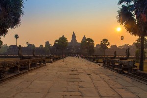 Scenic view of Angkor Wat from the entrance gate at dawn