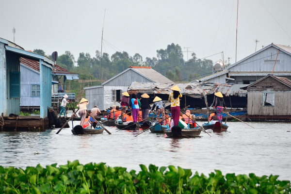 Rowing boats in floating village Chau Doc - Indochina tour packages