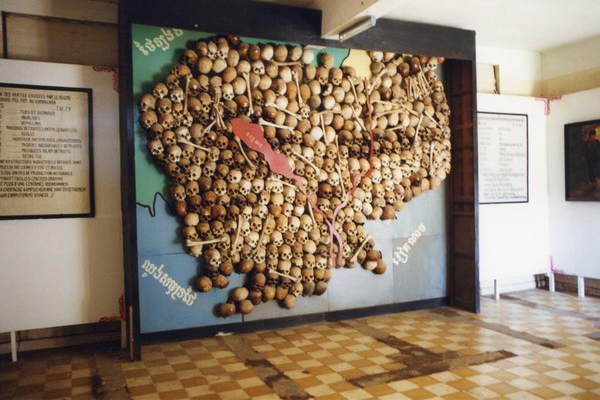 A map of Cambodia made with 300 human skulls in Toul Sleng Genocide Museum