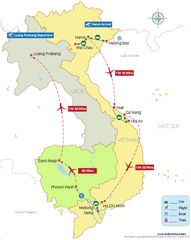Indochina Past and Present 21 Days Map