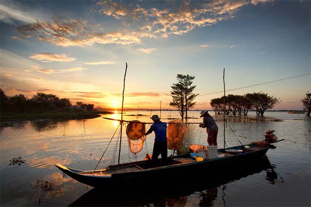 Farmers catching fishes on Mekong River Vietnam