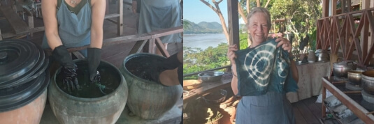 Local artisans fabric dyeing in Lahanam craft village, showcasing traditional culture on Indochina tours